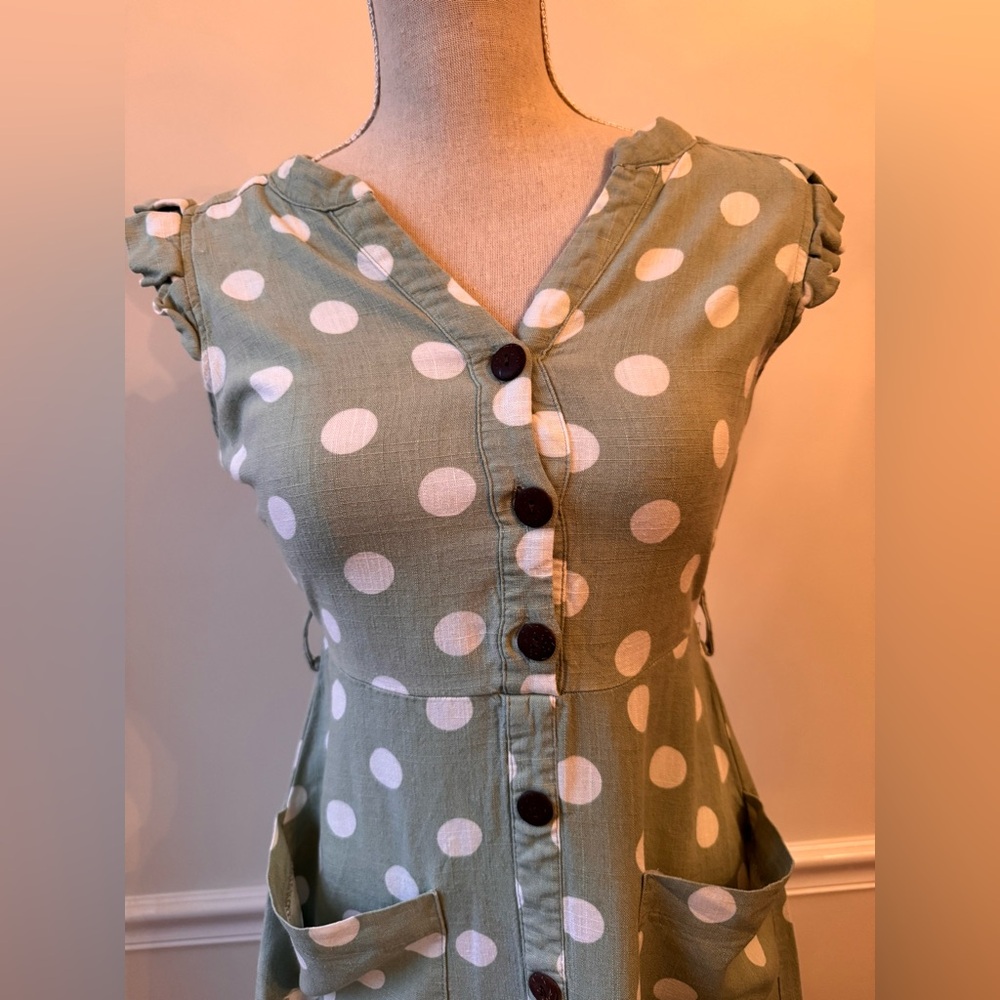 Monteau Green Linen Blend Polka Dot Midi Dress - Size Small - Picture 2 of 11